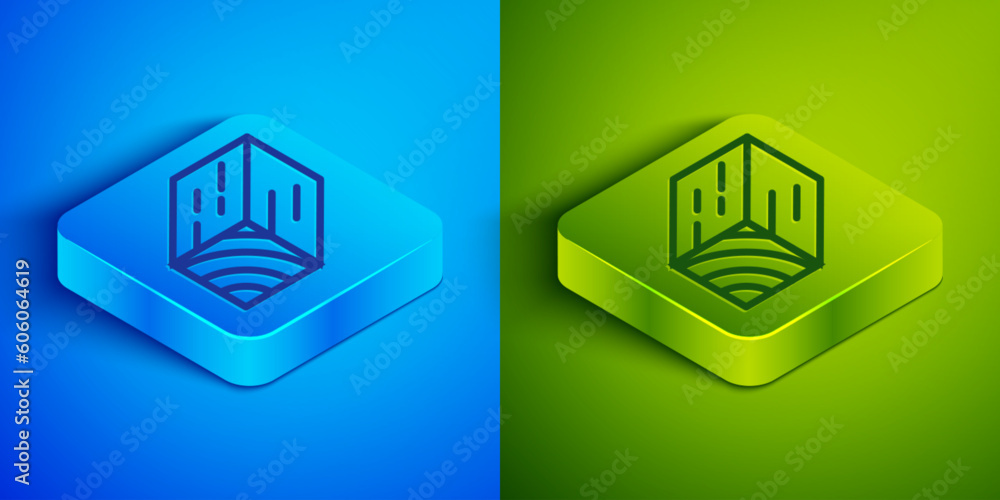 Isometric line Wooden beam icon isolated on blue and green background. Lumber beam plank. Square button. Vector Isometric line Wooden beam icon isolated on blue and green background. Lumber beam plank. Square button. Vector