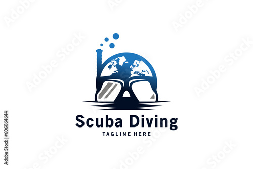 diver glasses with world map background for scuba diving logo design