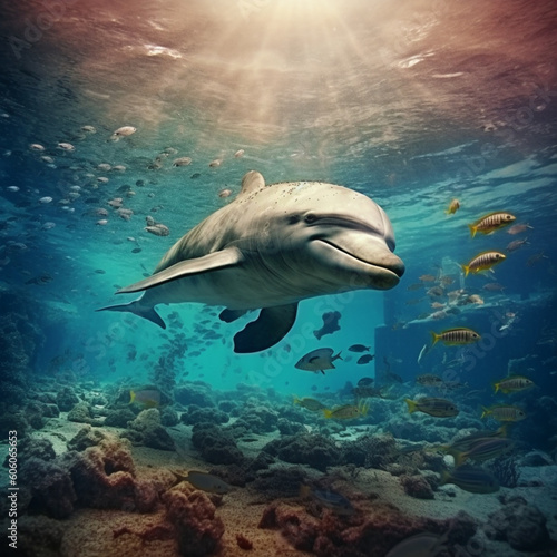 Dolphin underwater. Generative AI. © DALU11