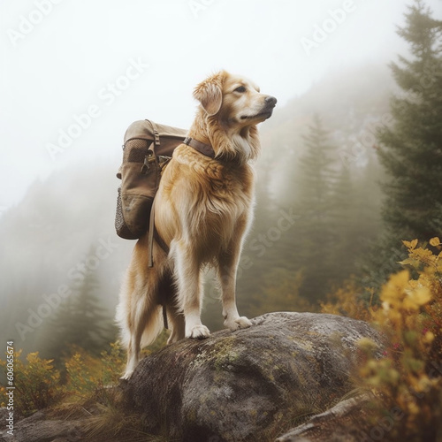 Hiking dog in the mountains. Generative AI.