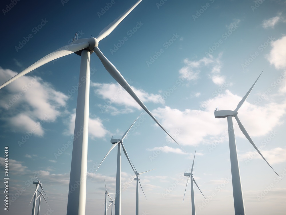 Wind turbines generating electricity with blue sky, energy conservation concept. Generative AI Wind turbines generating electricity with blue sky, energy conservation concept. Generative AI