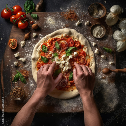 Pizza maker making a homemade pizza. Generative AI.