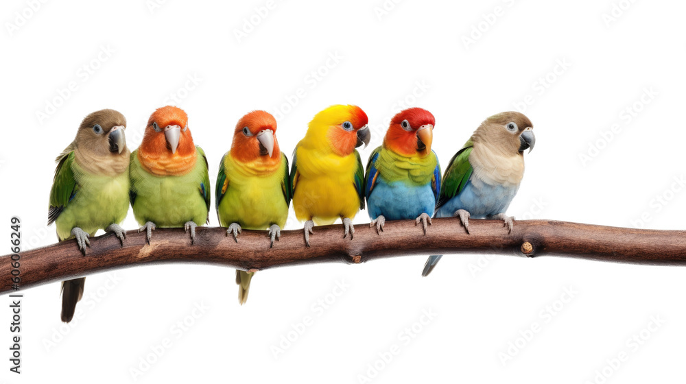 a group of Lovebirds sitting on a branch, colorful and beautiful, Nature-themed, photorealistic illustrations in a PNG, cutout, and isolated. Generative AI
