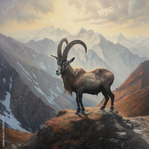 Goat on top of a mountain. Generative AI.