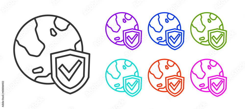 Black line Shield with world globe icon isolated on white background. Insurance concept. Security, safety, protection, privacy concept. Set icons colorful. Vector Black line Shield with world globe icon isolated on white background. Insurance concept. Security, safety, protection, privacy concept. Set icons colorful. Vector