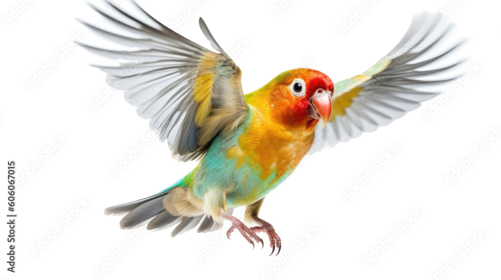Lovebirds, Agapornis, in flight, colorful and beautiful, cuddling and friendly, Nature-themed, photorealistic illustrations in a PNG, cutout, and isolated. Generative AI