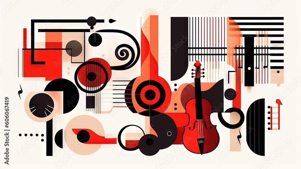 Φωτογραφία an abstract painting of a violin and other musical instruments in red, black, and white colors on a white background with lines and shapes