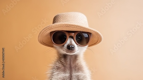  a meerkat wearing sunglasses and a hat with a straw hat on it's head and wearing a pair of sunglasses on its head.  generative ai photo