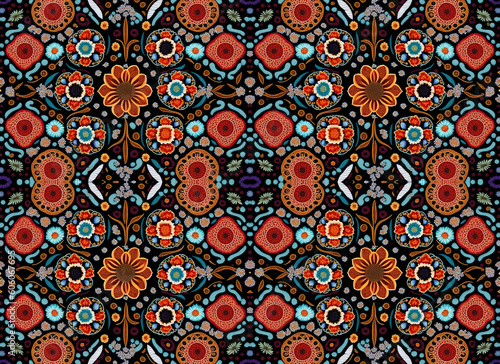 Rapport endless of rosettes and other flowers shapes in black background. Ornamental Pattern cashmere with textures of little flowers and mandalas. Generative AI