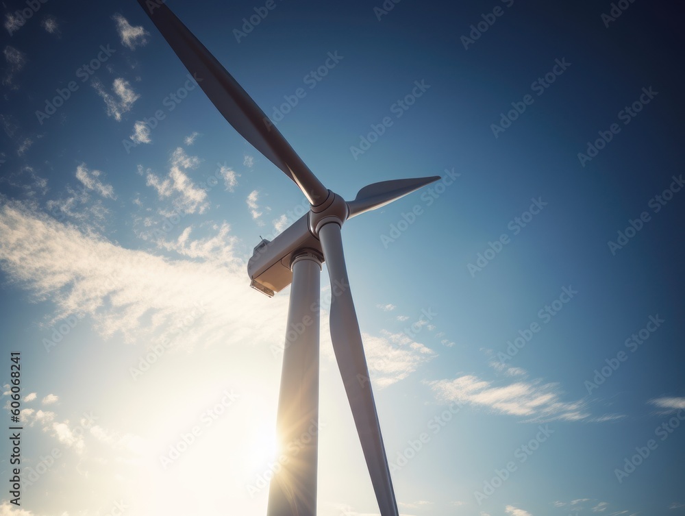 Wind turbines generating electricity with blue sky, energy conservation concept. Generative AI Wind turbines generating electricity with blue sky, energy conservation concept. Generative AI