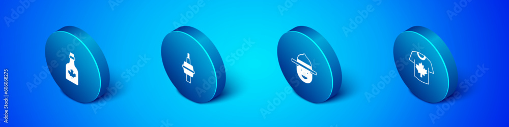 Set Isometric Bottle of maple syrup, Canadian ranger hat, Hockey jersey and TV CN Tower in Toronto icon. Vector Set Isometric Bottle of maple syrup, Canadian ranger hat, Hockey jersey and TV CN Tower in Toronto icon. Vector