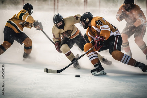 An intense hockey scene, with a puck sliding across the ice, captured mid-action. Generative ai photo