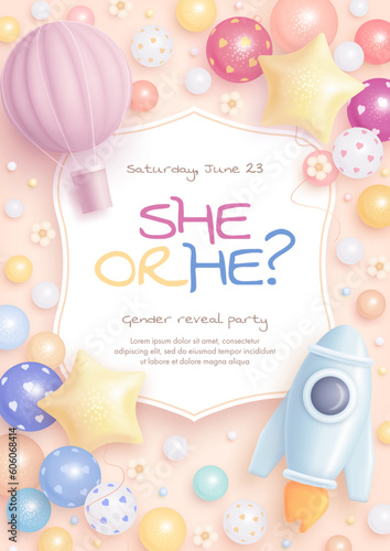 He or she. Cartoon gender reveal invitation template. Vertical banner with rocket, hot air balloon and helium balloons. Vector illustration