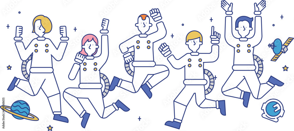宇宙飛行士の職業に就く男性と女性のイラスト 宇宙飛行士の職業に就く男性と女性のイラスト