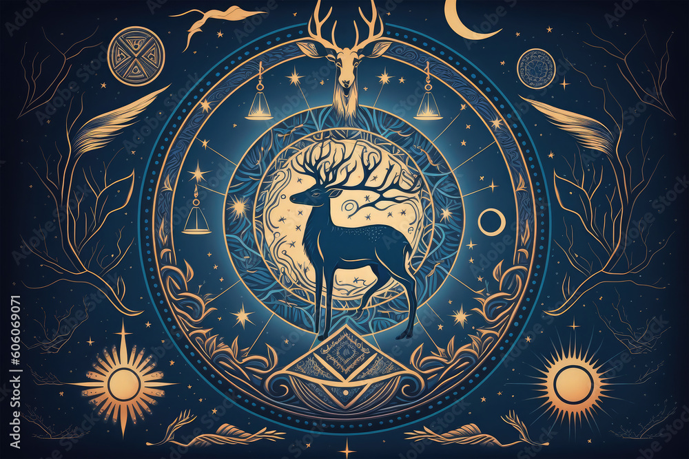 Obraz premium magic banner for astrology crescent deer on black background