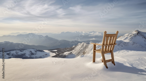 Winter's Solitude: A Lonely Wooden Chair on an Alpine Mountain Peak. Generative AI