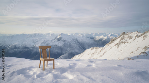 Winter's Solitude: A Simple Wooden Chair on an Alpine Mountain Peak. Generative AI © Sascha