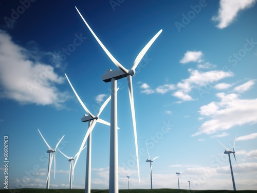 Wind turbines generating electricity with blue sky, energy conservation concept. Generative AI