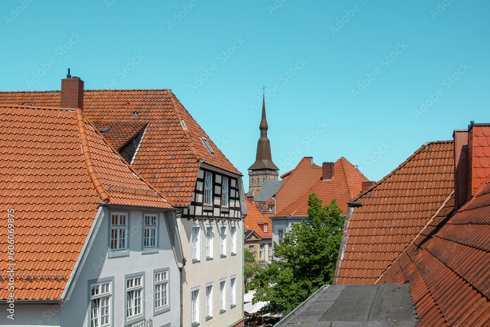 View of the red roofs in Osnaburg, a city in the German state of Lower Saxony