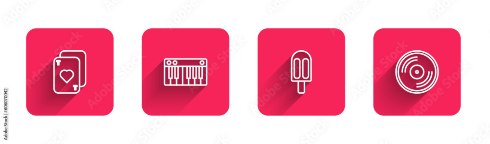 Set line Playing cards, Music synthesizer, Ice cream and Vinyl disk with long shadow. Red square button. Vector Set line Playing cards, Music synthesizer, Ice cream and Vinyl disk with long shadow. Red square button. Vector