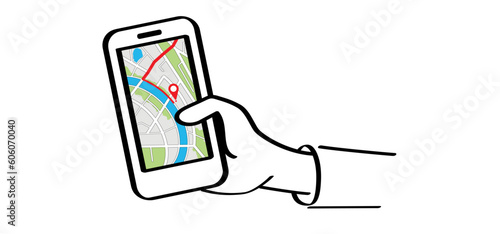 Mobile map with pin pointers. Smart phone, navigation or navigator, maps, road, direction. Pins, points mark. Pointer or point trekking route. track en trace city, street map. Markers, locator, urban.