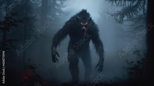 Sinister werewolf with red eyes in gloomy night forest shrouded in mist, full body portrait of scary wolf shifter grin in ominous dark woods ready for attack victim, generative AI photo