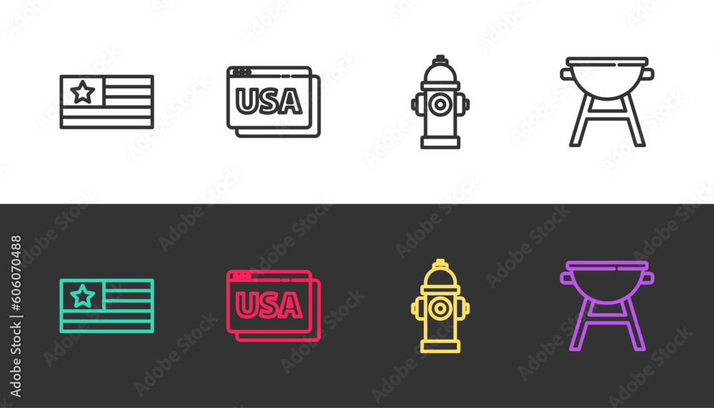 Set line American flag, USA on browser, Fire hydrant and Barbecue grill on black and white. Vector Set line American flag, USA on browser, Fire hydrant and Barbecue grill on black and white. Vector