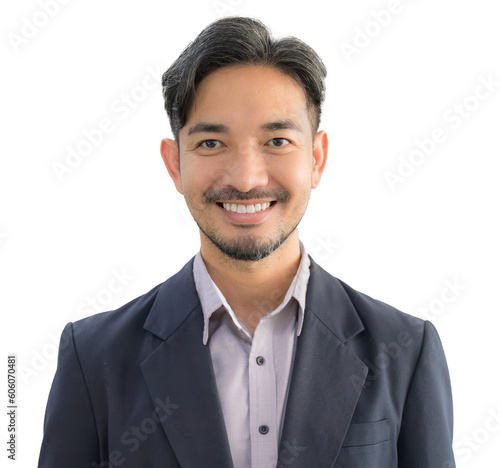 фотографія Portrait of a handsome Asian man with a beard in a gray shirt making a smile face