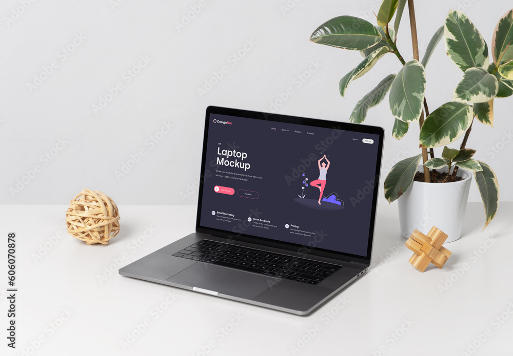 Laptop with Plant Mockup Stock Template | Adobe Stock