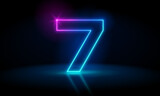3d render, number seven glowing in the dark, pink blue neon light. Abstract cosmic vibrant color digit neon glow. Glowing neon lighting on dark background. Numbers futuristic style