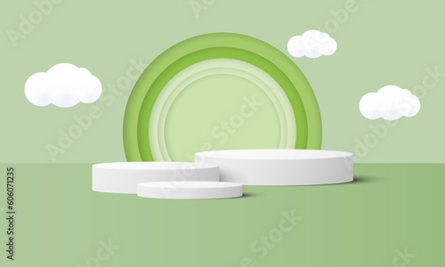 3d Paper cut abstract minimal geometric shape template background. White cylinder podium on green circle background. Vector illustration. Sky with clouds vector 