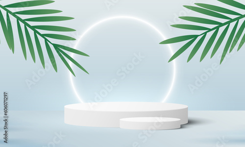 3d background product display podium scene with leaf geometric platform. background vector 3d render with podium. stand to show cosmetic product. 3d stage showcase on pedestal display blue background © Lidia