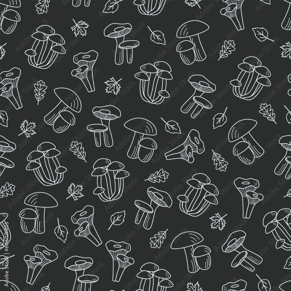 Seamless Pattern Doodle mushroom icons vector. Illustration of boletus, chanterelles, honey agaric, champignons, aspen mushroom and russula. Seamless Pattern Doodle mushroom icons vector. Illustration of boletus, chanterelles, honey agaric, champignons, aspen mushroom and russula.