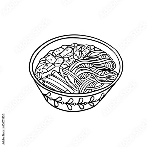 Jajangmyeon is traditional asian noodles. Korean black bean sauce noodles withe cucumber. Chinese style cuisine. Vector illustration in outline style