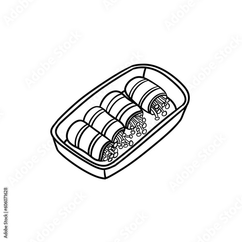 Asian appetizer. Enoki mushrooms wrapped in bacon. Korean snack. Traditional japanese barbecue meal. Grill yakitori. Vector illustration in outline style about food