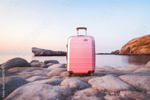 A pink suitcase by the sea at sunset. Generative AI