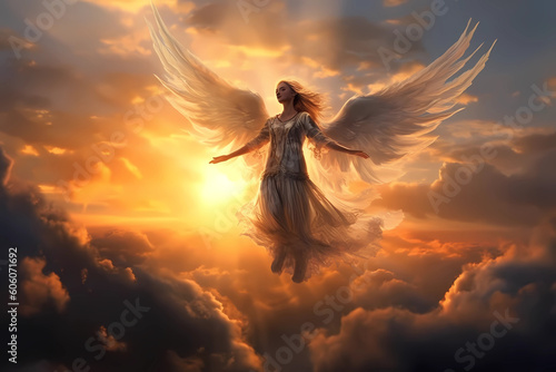 an angel flies through the sky at sunset, Generative AI