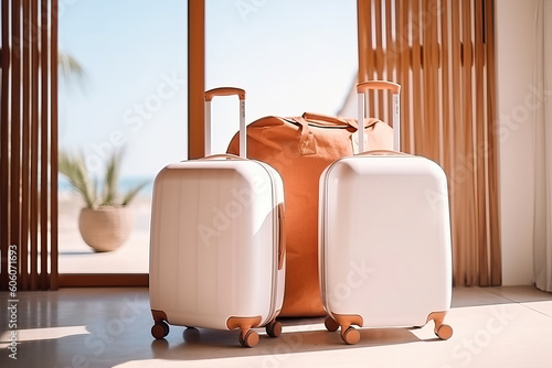 Beige suitcases inside a house. Generative AI photo