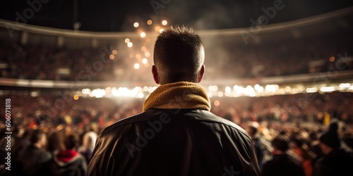 Rear view of a person watching a dynamic sporting event, the motion blur of a fans emphasizing the contagious energy of the crowd, concept of Emotive atmosphere, created with Generative AI technology