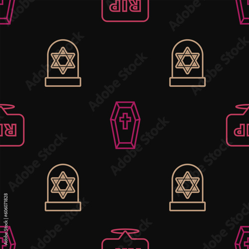 Set line Speech bubble rip death, Grave with star of david and Coffin cross on seamless pattern. Vector