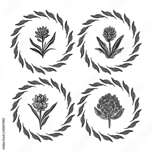 Linotype floral icon collection in whimsical vector art. Decorative foliate design for rustic botany set. 