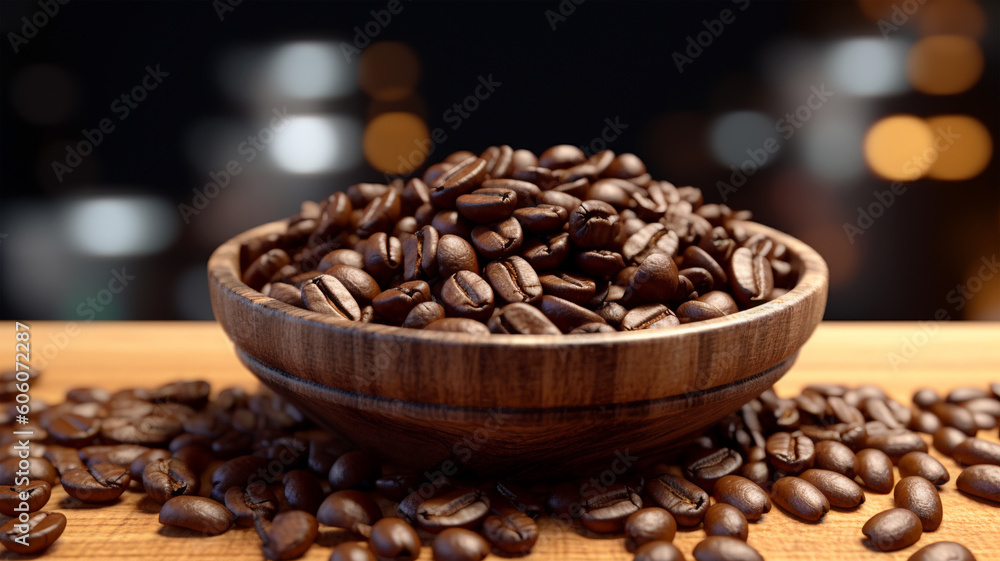 Fototapeta premium Roasted coffee beans on a plate in cafe, close-up, Generated AI