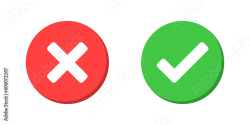 Title: check mark icon button set. check box icon with right and wrong buttons and yes or no checkmark icons in green tick box and red cross. vector illustration
