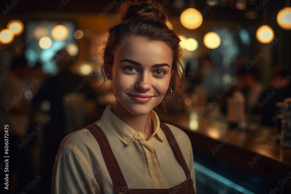 Fototapeta premium Atractive young woman waitress. Generative Ai