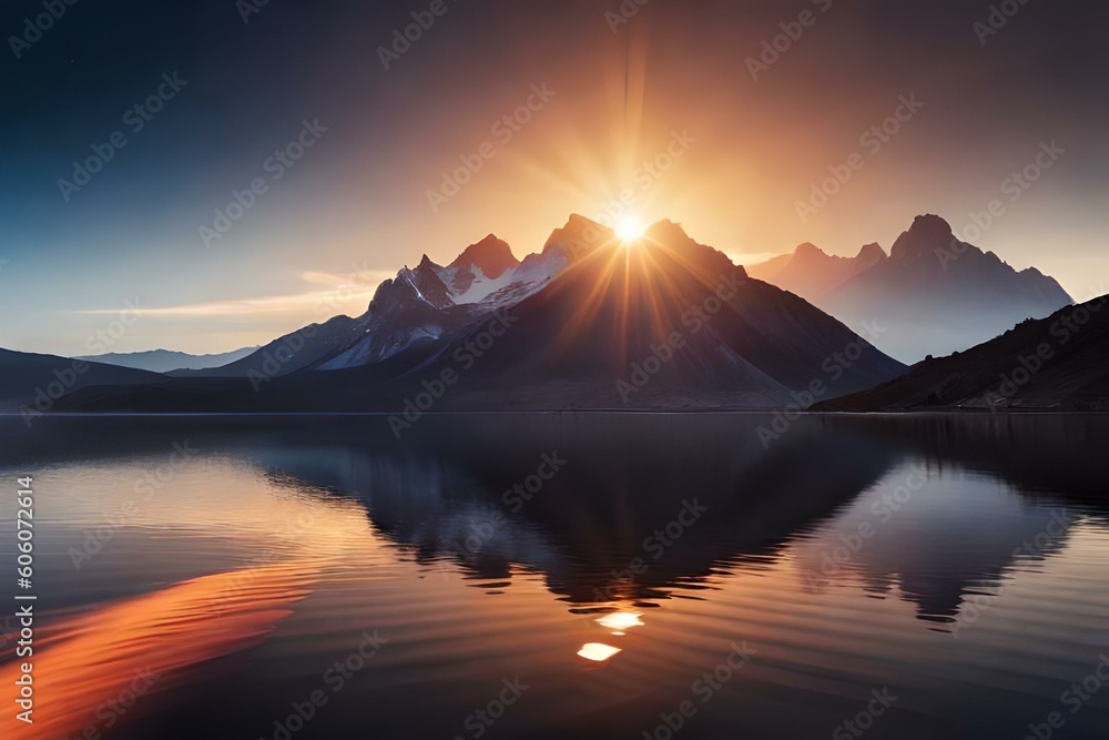 sunrise over the lake beside mountain by AI generating