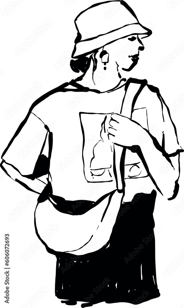 Vector black hand drawn illustration of a girl with bag Vector black hand drawn illustration of a girl with bag