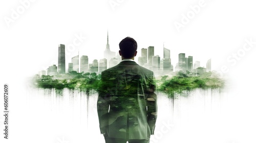 Sustainable mindset engineer standing against the city skyline, planning a green project. Integrating sustainability in urban planning, fostering greener, and more livable cities. Generative AI