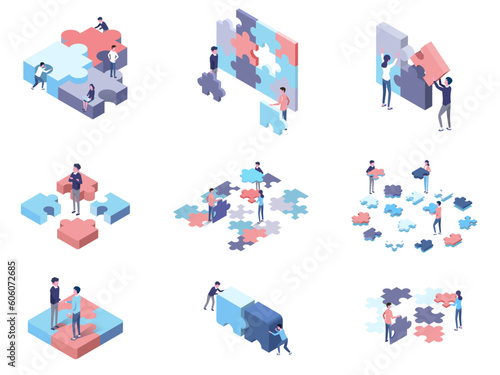 vector isometric illustration set of team people with puzzle