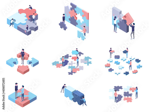 vector isometric illustration set  of team people with puzzle