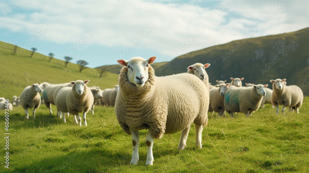 Flock of sheep in a meadow in the light of sunset.
Natural healthy food and organic farming concept.